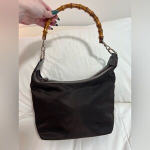 Gucci Bamboo Handle Black Nylon Shoulder Bag